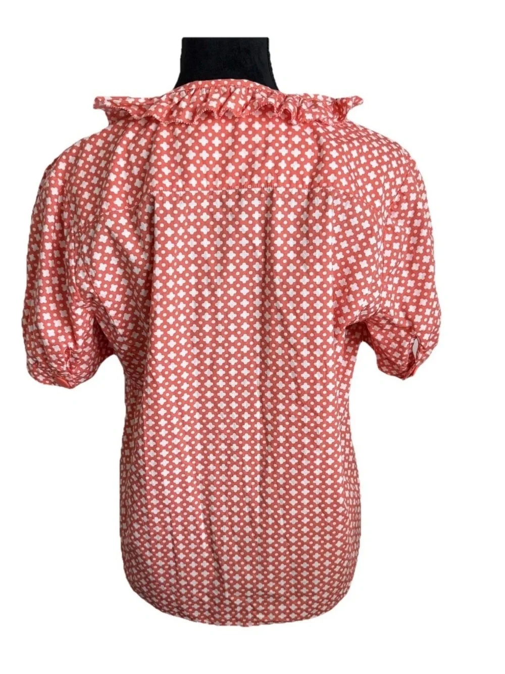 J Crew Blouse Womens 14 Orange Geometric Print Ruffle Scoop Neck Puff Sleeve